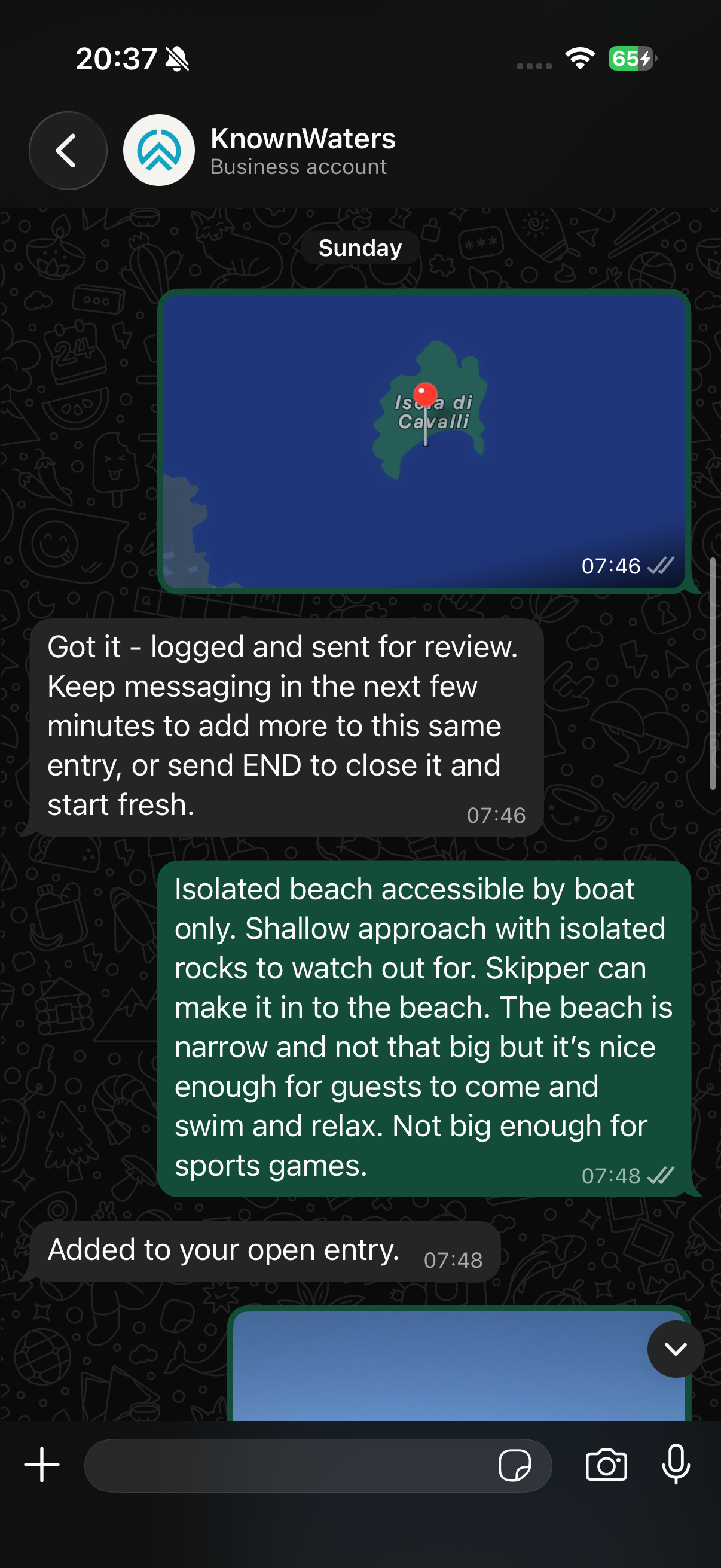 WhatsApp conversation with KnownWaters: a shared location pin, a reply confirming it was logged and sent for review, a follow-up crew message with more detail, and a confirmation it was added to the open entry