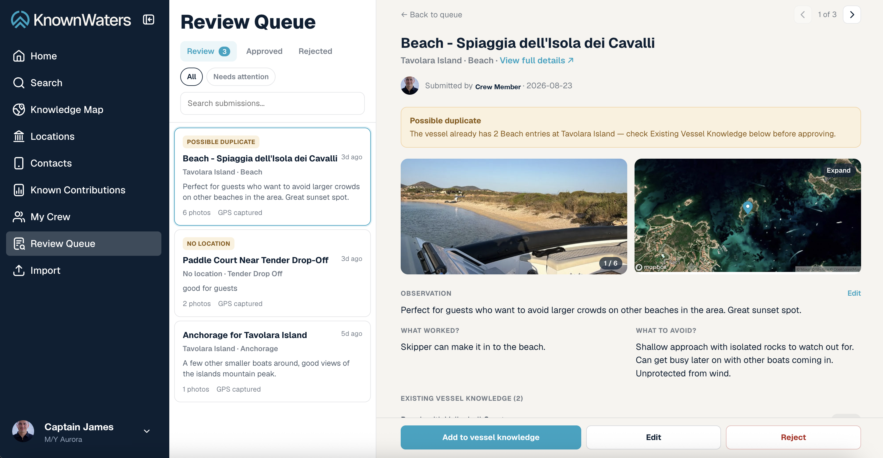 KnownWaters Review Queue: a submitted beach entry flagged as a possible duplicate, showing its photos, map location, observation notes, existing vessel knowledge for comparison, and Add to vessel knowledge / Edit / Reject controls